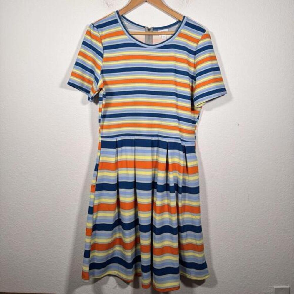 LuLaRoe Blue Yellow Orange‎ Striped Amelia Zip Dress | Size 2XL